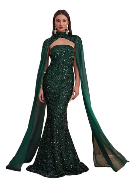 vestido de fiesta en niña negra Sirena verde esmeralda sexy Lentejuelas largas Vestidos de fiesta Volantes Brillo Celebridad Cristales hechos a medida Elegantes vestidos de noche con chal