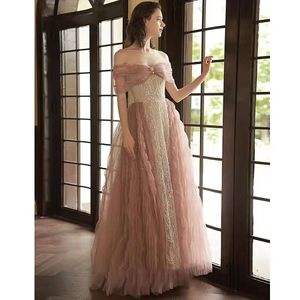 Prom jurk Saoedi-Arabië Exquisite off-the-shoulder A-Line Sweep Pink Pink Evening Jurken Organza Lace Bow Aangepast