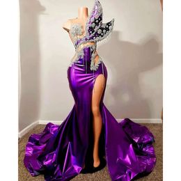 Prom jurk sexy paarse sparkly 2024 illusie kralen kristal hoge zijde split formele verjaardagsfeestjurken robe de bal 0223
