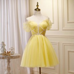 Robe de bal courte jaune belles robes de soirée tulle doux avec des paillettes de dentelle ivoire robes de style d'été Cockatil