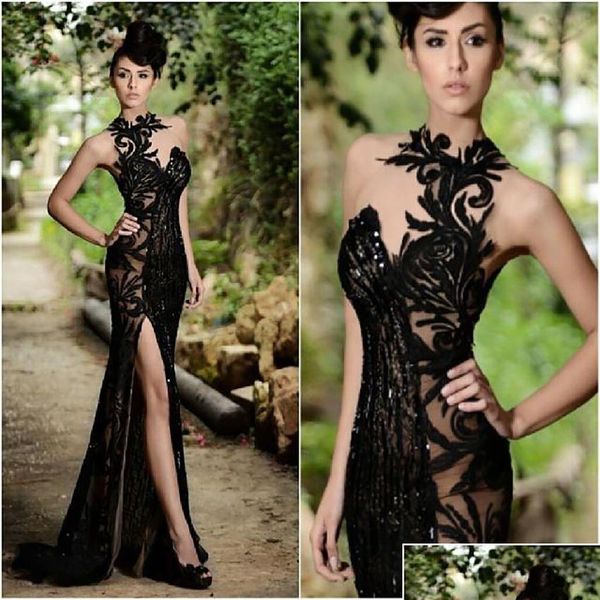 Vestidos de fiesta 2023 Negro Rami Salamoun Vestidos divididos Apliques largos Sheer Cuello alto Rebordear Sirena Vestidos de noche formales Real Drop Deli DH8PU