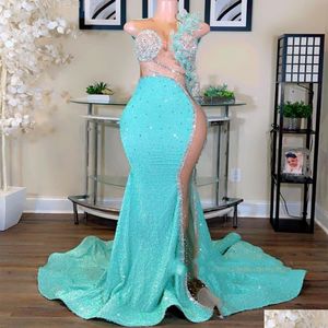 Prom -jurken 2024 Aso ebi mermaid Sky Blue Dress kristallen lovertjes avond formeel feest tweede receptie verjaardagsbetrokkenheid dhvfy