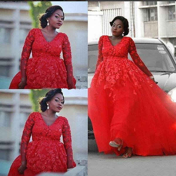 Robes de bal Africain 3D Lace Floral Manches longues Red Tulle Black Girl Longueur Puffy Formal Party Robe de soirée Robes de soirée Wear SD3237T