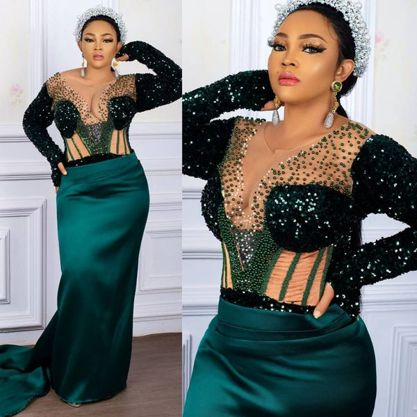 Vestidos de graduación árabe aso ebi cazador verde brillante lujoso lujo Promdress Boadeds Sheer Neck Fiest Party Formal Gowns Vestidos Vestido de Sorrie ST627