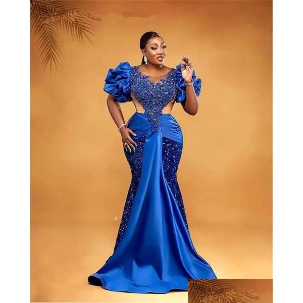 Vestidos de fiesta Aso Ebi Estilo árabe 2022 Royal Blue Beaded Evening Sheer Neck Sweep Train Tallas grandes Vestidos de fiesta formales Robe de Soiree Dr DHSPC