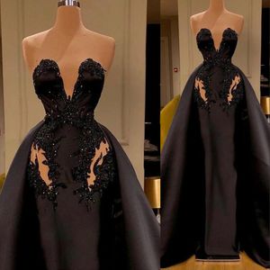 Prom -jurken zwarte zeemeermin satijns overskirts kristal kralen lovertjes kanten appliqued sweetheart avondjurk met afneembare trein optocht feestjurken 403