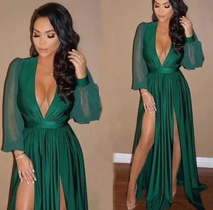 Robes de bal vert foncé robe de soirée fête formelle fermeture éclair à lacets nouveau personnalisé grande taille col en V à manches longues en mousseline de soie fentes cuisse haute pli une ligne