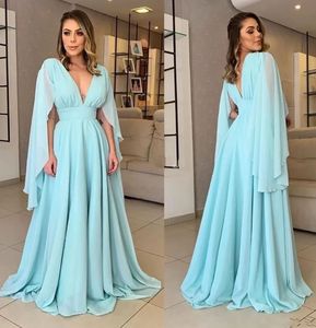 Robes de bal robe de soirée fête personnalisé fermeture éclair à lacets nouvelle grande taille une ligne bleu clair col en v sans manches longueur au sol en mousseline de soie