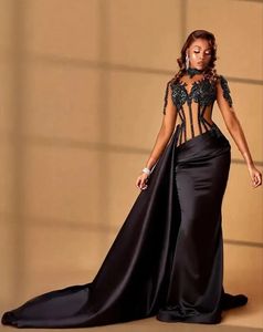 Robes de bal robe de soirée trompette sirène col haut manches longues satin appliqué perlé noir personnalisé fermeture éclair à lacets nouvelle grande taille illusion