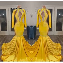 Prom -jurken goud voor geel zwarte meisjes Afrikaanse feestjurk met lange mouwen speciale ocn avondjurk mermaid mermel robe de femme mariage 0210