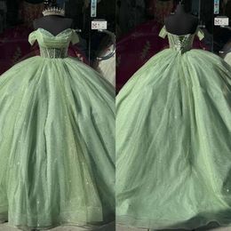 Vestidos de fiesta bola de vestidos verdes princesa impresionante y hombro lentejuelas vestido de quinceanera brillo 15 vestido mascarado