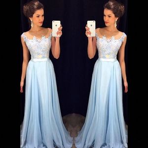 Prom -jurken lichte hemelsblauw chiffon pure nek dop mouwen kanten applique winkels vloeren lengte avondjurk slijtage feestje optocht jurken