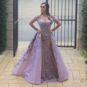 Prom -jurken Lila Mermaid Off Shoulder 3d Bloembloemen kristal kanten overskirts afneembare trein formele avondjurken plus size feest optocht slijtage