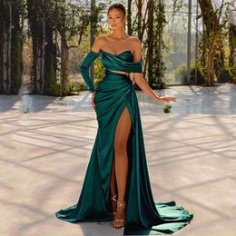 Prom -jurken zeemeermin donker sexy backless groen satijn uit schouder high spleet avondfeestjurken lange speciale ocn jurk voor vrouwen
