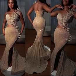 Prom -jurken zeemeermin sparkly pailletten illusie lijfje applique high split op maat gemaakte plooien avondjurk formele ocn slijtage vestidos plus size