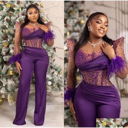 Robes de bal Combinaisons violettes modernes pour femmes Illusion Sexy Top Cristaux Perlés Corset Plis Fête d'anniversaire Ocn Robes Plumes Lon Dhgam