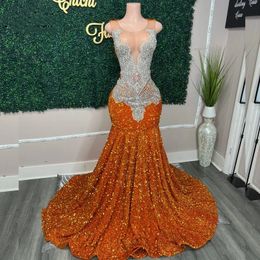 Prom -jurken oranje met Sier Rhinestone 2024 zwarte meisjes elegante afstuderen jurk veren Afrikaans vestidos de gala