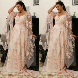 Prom -jurken roze kanten appliques lange mouw schep nek nek Arabische Dubai avondjurken plus size feestjurk plus size jurken