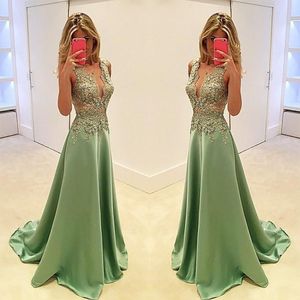 Prom Dresses Dompelen V-hals Olive Green Satijn Kant Applicaties Beaded Illusion Lange Avondjurken Dragen Plus Size Formele Feestartikelen ED1341