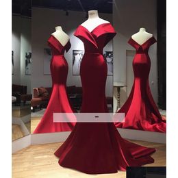 Vestidos de baile Real Pos Simple Red Satin Mermaid Offtheshoder Vestido de noche Cremallera Volver Evento Por encargo Sweep Train Drop Delivery Wed Dhqik