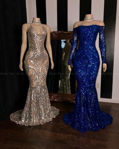 Prom -jurken sexy Royal Blue Sier -pailletten kant zeemeermin van schouder halter lange mouw feest lovertjes formele avondjurken dragen 403