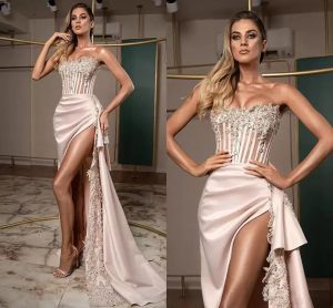 Vestidos de graduación sexys sin tirantes, vestidos de noche con abertura lateral alta, elegantes Apliques de encaje, Vestido para ocasiones especiales para mujer