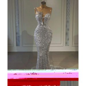 Prom -jurken Sparkly 2021 lovertjes Sier Mermaid Aso Ebi Arabisch juweel nek Afrikaanse kralen avondjurken plus size receptie tweede Dr. Dhazr