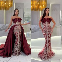 Prom -jurken strapless designeraanvrager prachtige zeemeermin op tule satijn rits gedrapeerd afneembare staart op maat gemaakte feestjurk Vestido de noite