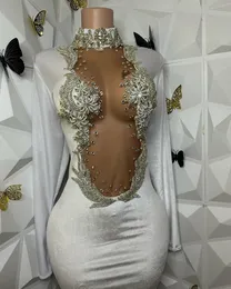 Prom -jurken wit 2024 kralen lange mouwen diamant sexy zeemeermin feestjurken voor zwart meisje vestidos de fiesta