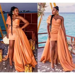 Prom Dusty Orange Dresses High Low Ruched Sleats One Shoulder Hecho a personalizado Gotación de fiesta de cola negra de niña de talla grande Vestido Vestido