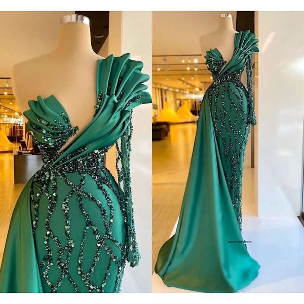 Prom Emerald Green Mermaid One épaule Sequins Party Robes Ruffles Glitter Celebrity Custom Made Robes de soirée 0509