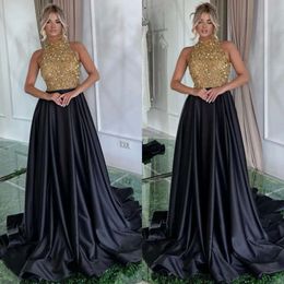 Prom High -jurken Zwart goud sexy kraag pailletten top avondjurk plooien formeel lange speciale ocn feestjurk