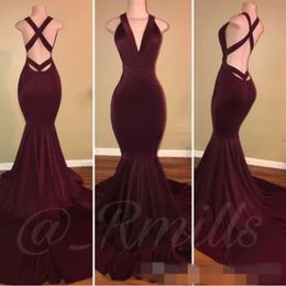 Prom Mermaid -jurken Bury 2019 Sexy Backless Banden veeg trein elastische satijn v nek strpas lange formele ocn slijtage avondjurk