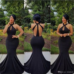 Prom Mermaid Sexy Black Jurken Halter Hollow Back Sweep Train Ruched Custom Made Plus Size African Formal Evening Party Jurkens