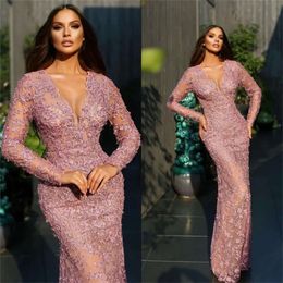 Prom nieuwste volledige kralen Appliqued Lace Pink V Neck Mermaid avondjurken Ruches Ruches lange mouwen formele optochtjurk op maat gemaakt