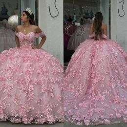 Prom off jurk baljurken prinses roze schouderbloem 3d appliced ​​krolse kralenvestido de quinceanera backless 15 maskerade jurk