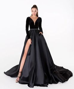 Robe de soirée de bal noire, col en V, fermeture éclair, grande taille, personnalisée, lacets, longueur au sol, fentes hautes, ligne A, manches longues, illusion de satin