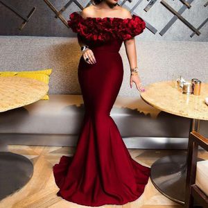 Prom feestjurk bordeaux avondjurken formele mouwloze veter zipper nieuwe aangepaste zeemeermin trompet off-shoulder satijnen handgemaakte bloemen