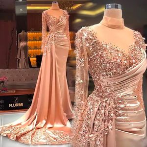 Robe de soirée de bal Nouvelles robes de soirée, plus la taille Formelle Longueur au sol Appliques personnalisées Illusion Manches longues Col haut Perlé Sirène Satin Paillettes