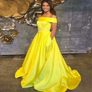 Prom Party Gown Geel Avondjurken Nieuwe Formele Meisjes Pageant A Line Satijn Plus Size Custom Lace Up Baljurk Off-Shoulder Bateau