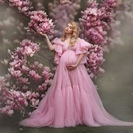 Robes de bal roses, col en V profond, longue robe de maternité pour femmes, à volants, manches cape, Robes de soirée, Robes de séance photo