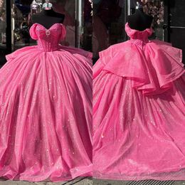 Prom princesse magnifique robes roses rose robe scintillante sur épaule paillettes paillettes diamant vestido de quinceanera corsage sweet 15 robe mascarade