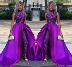 Prom Purple Jumpsuits -jurken met afneembare trein Hoge nek Kant Appliqued Bead Evening Afrikaanse feestjurken plus maat Afrikaanse feestjurken