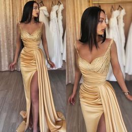 Prom -pailletten jurken gouden champagne riemen elegante avondjurken plooien spleet formele lange speciale ocn party jurk