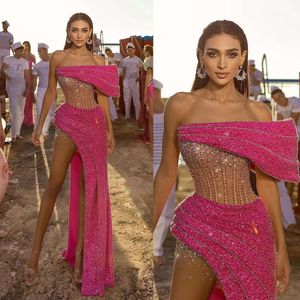 Prom pailletten zeemeermin mouwloze prachtige strapless jurken kralen kralen hoge split met rugloze gelaagde vloerlengte op maat gemaakte feestjurk Vestido de noite