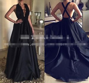 Prom Sexy Black Robes Backless Criss Cross Stracts plongeant en V Neck Lace Applique Sequins Sequins Satin Longueur du sol Longue Robe de soirée