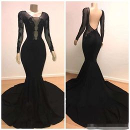 Souilles de bal robes noires longues en dentelle applique illusion corsage Sweep Train sexy scoop backless perle perlé plus taille de soirée sur mesure