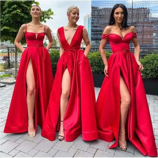 PROM SENTA SEXY Vestidos rojos altos con bolsillos Una línea de dama de dama de honor de largo longitud de largo.