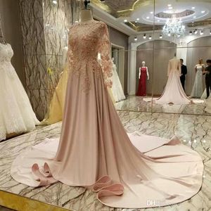Prom zacht roze jurken juweel nek lange mouw Arabisch kanten appliqued avondjurken gewaad de soiree formele jurk