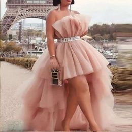 Prom strapless jurken chique lage high 2022 kralen sjerpen korte front lange rug naakt-roze tule meisjes feest afstuderen aan kleding gelaagde avondjurken speciale ocn slijtage
